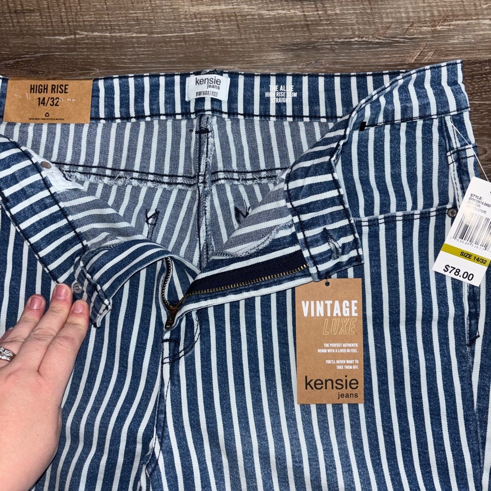 Kensie Blue & White Vertical Stripe Straight Jeans - Picture 2 of 5